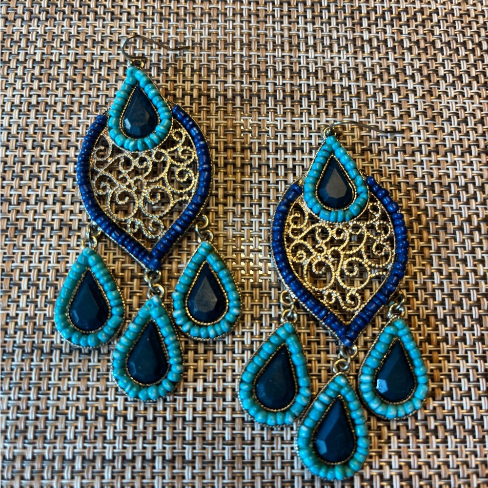Turquoise, Blue Beaded Teardrop Earrings with Goldtone Filagree Detail 3”